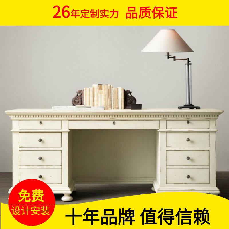 出口RH美式乡村实木书桌复古做旧简约橡木办公桌写字台电脑桌白色