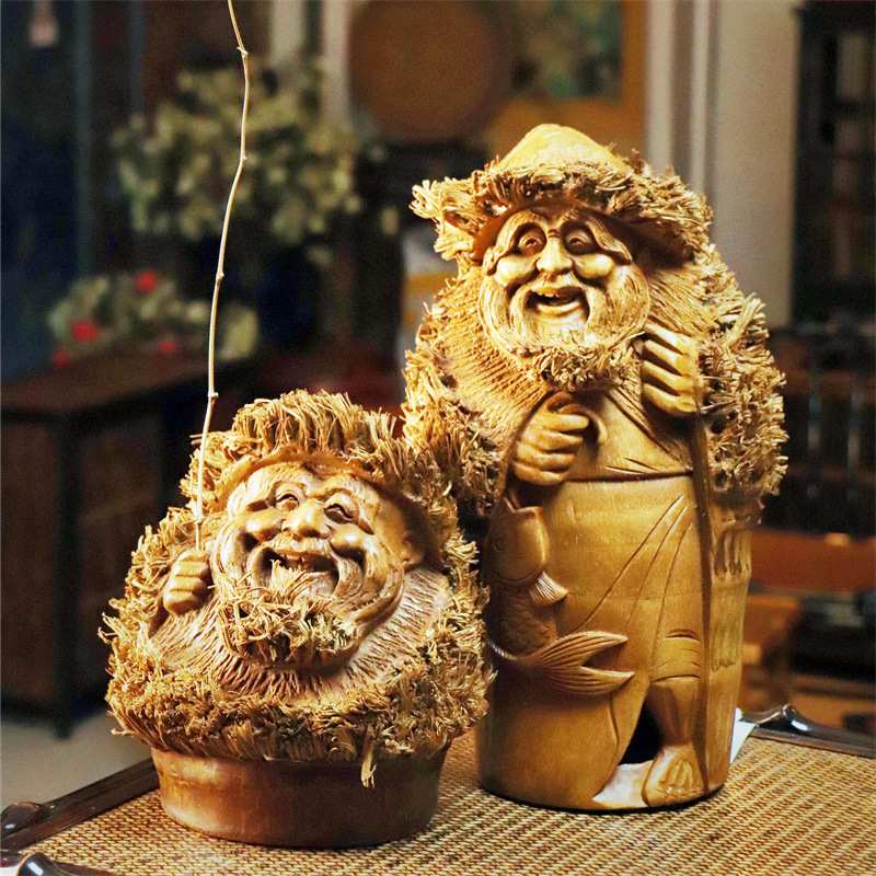 家居摆件手工工艺品竹根雕渔翁钓鱼老头整个竹子雕刻摆件文玩精品