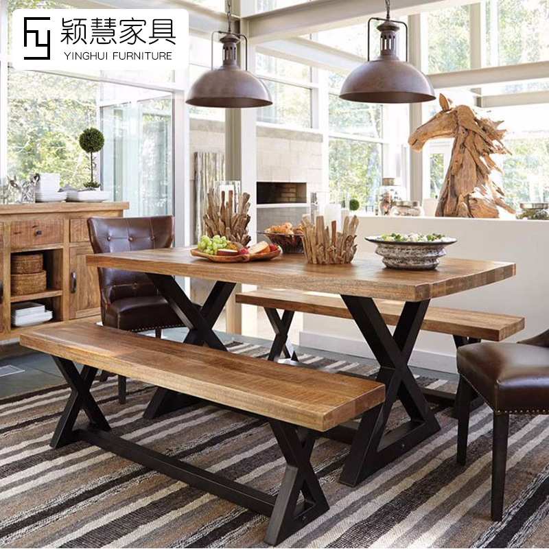 loft餐桌椅长条凳组合美式实木咖啡厅桌椅餐桌小户型饭桌商用家具