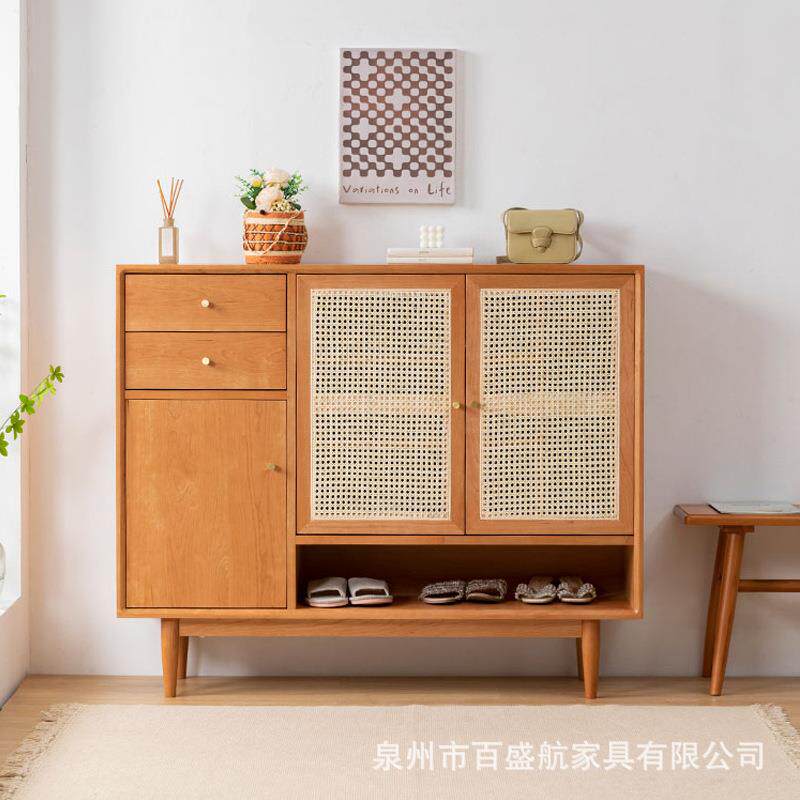 北欧实木入户藤编鞋柜家用门口樱桃木透气鞋柜靠墙双开门藤编鞋柜