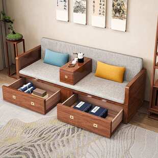 新中式实木带抽屉推拉伸缩折叠沙发床多功能客厅小户型两用沙发床