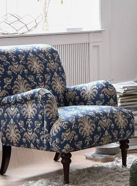 室IJI艺客厅单人田园椅风格椅碎花单蓝色布复卧古发实木美式老沙