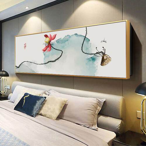 新CT-A013中式室现代约壁画怀旧古韵简水墨荷花挂开画花富贵卧床