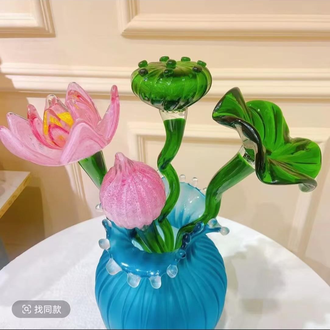琉璃摆件迷你仿真花家居装饰琉璃工艺品桌面摆件夜光荷花琉璃摆件