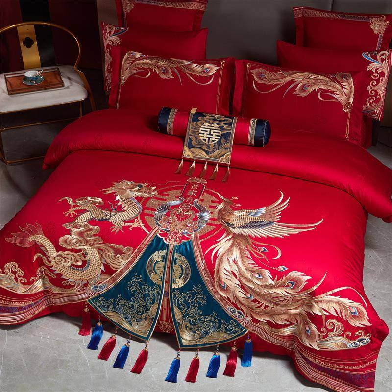 高端40S全棉贡缎提花刺绣大红婚庆四1件HFT-99套股双上长绒棉婚嫁