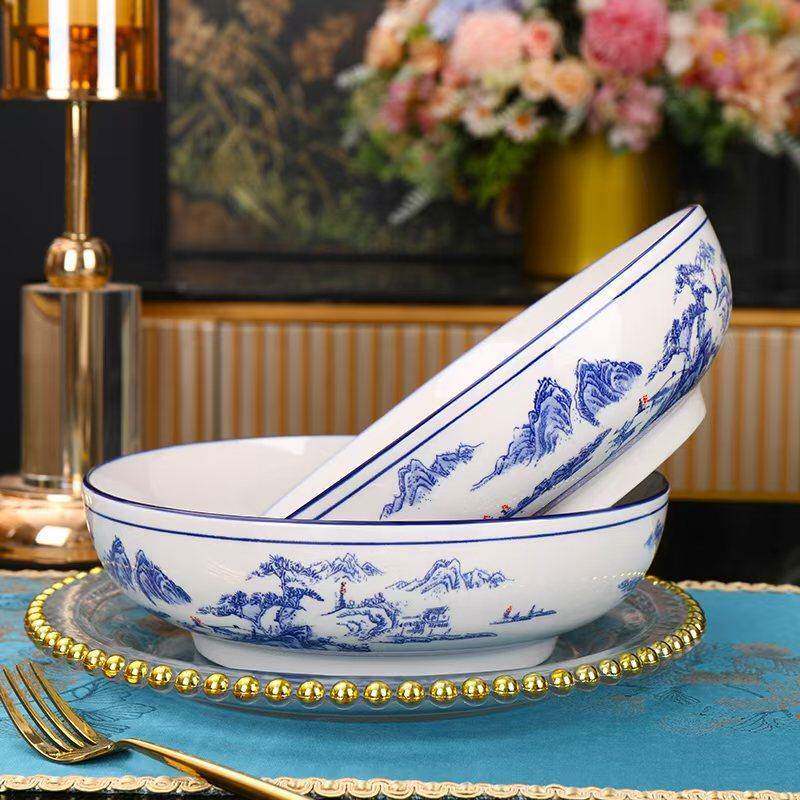 景德冠晟中式山水青花瓷家用陶瓷汤碗面碗水煮鱼大号碗微波炉适用