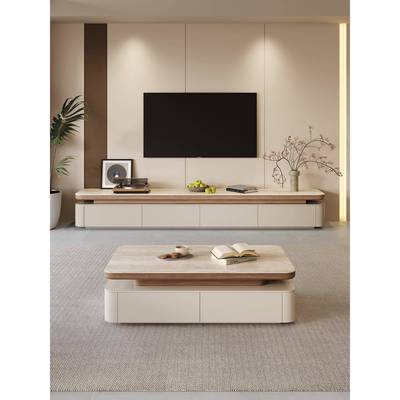 奶油风洞石岩板茶几电视柜组合小户型中古风实木茶几桌客厅家用