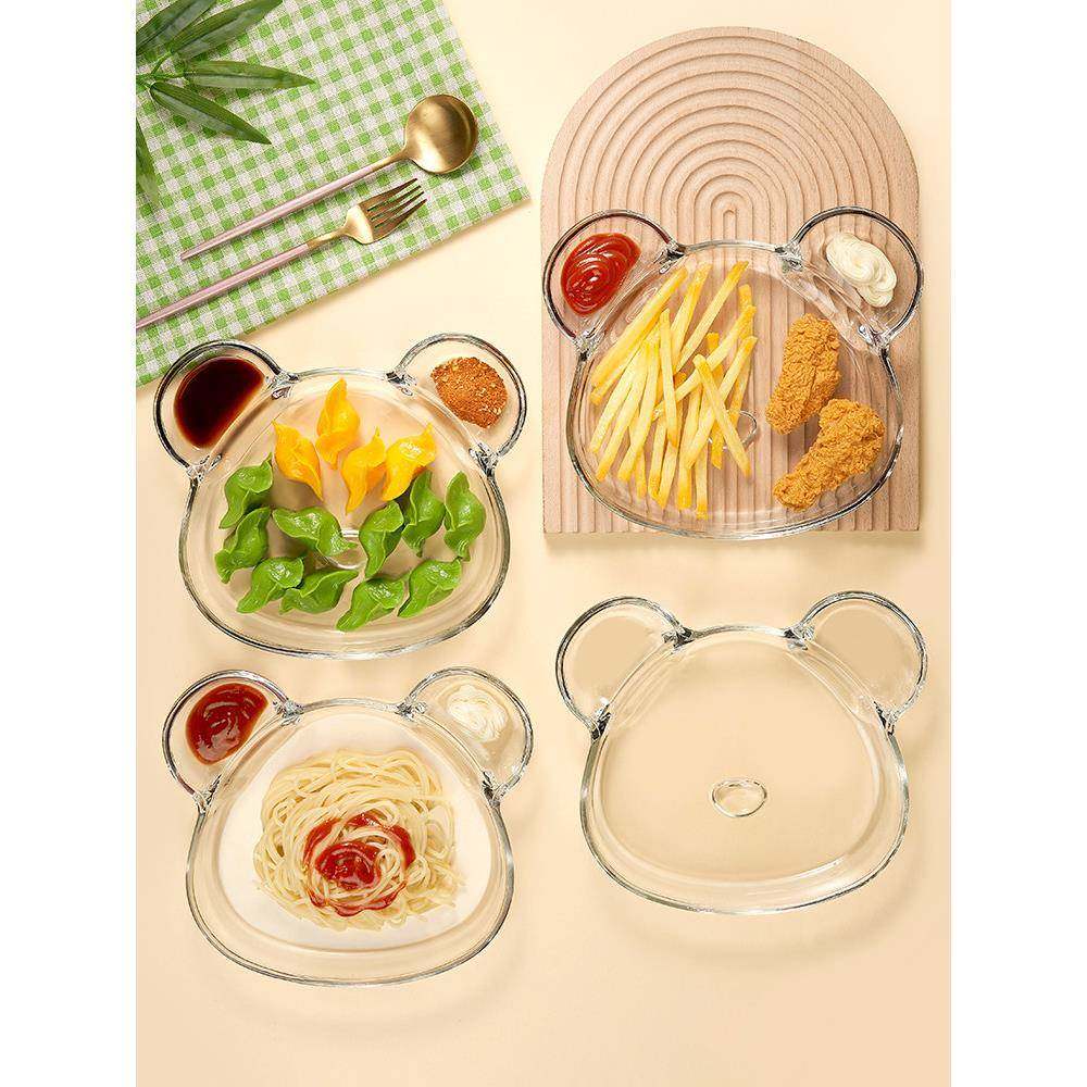 朗旭玻璃分格盘简约平盘家用饺子盘带蘸料碟海鲜盘虾盘减脂分餐盘