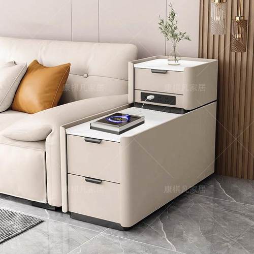 岩板轻奢隔断动沙发边柜边几客厅现代橙色实木茶水茶几移动柜带轮