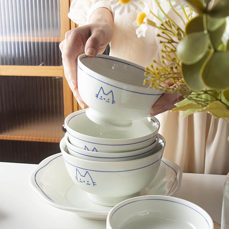 日式陶瓷釉下彩猫咪米饭碗家用2025新款高颜值高脚碗面碗汤碗