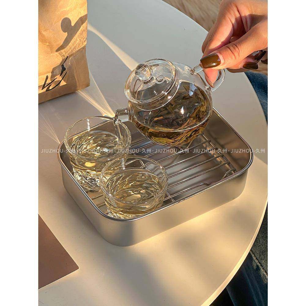 高颜值小型不锈钢茶盘托盘沥水盘女士沥油保鲜盒带盖带网架冷藏盒