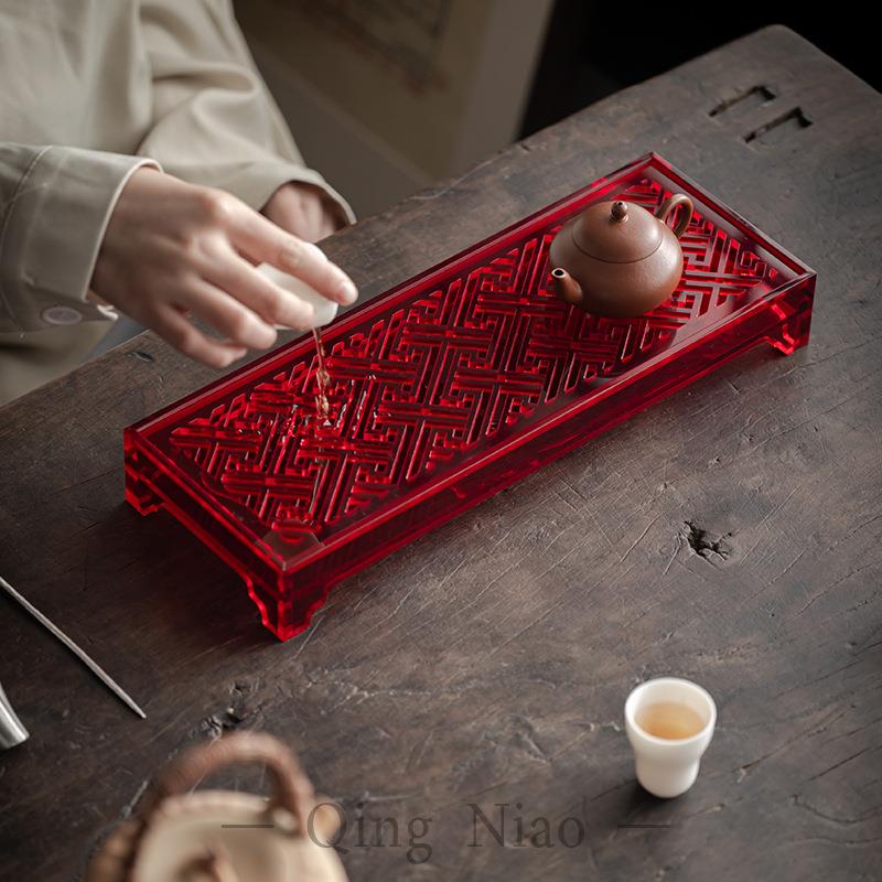 高透红妆亚克力茶盘长方形镂空放茶杯水杯茶托盘摆件功夫茶具配件