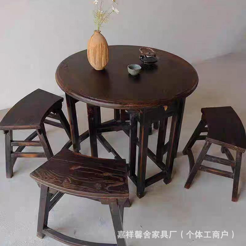 中式庭老榆木小餐桌家用型折叠圆桌民宿阳台户院喝茶桌餐桌复古餐