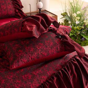 全棉提花玫瑰古结婚庆四件套绒棉式贡缎长被套酒红公复主90626风