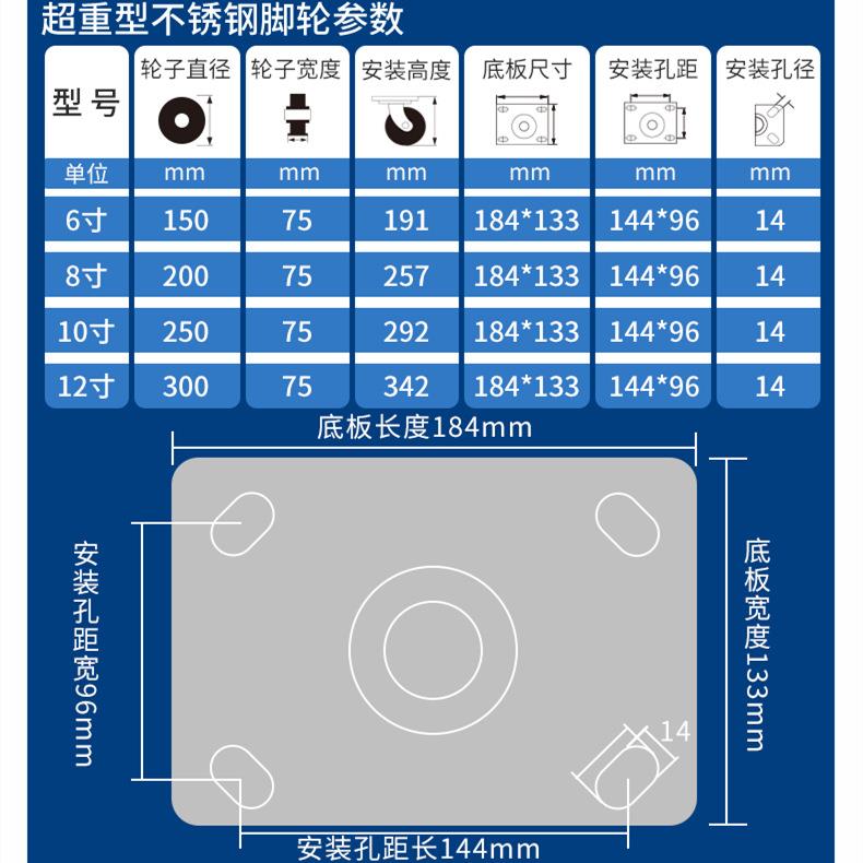 超重型304不锈钢脚尼轮/5/6/M8/10/12寸抗冲795击实4心C龙脚轮