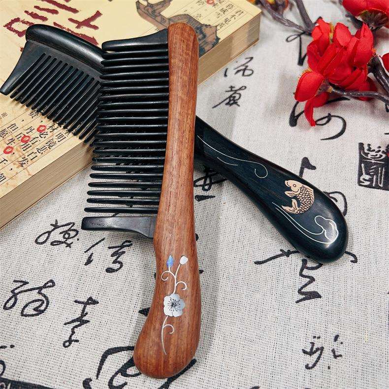 紫光檀插齿银丝镶贝球柄梳 檀木把手螺钿工艺木梳高档木梳礼品