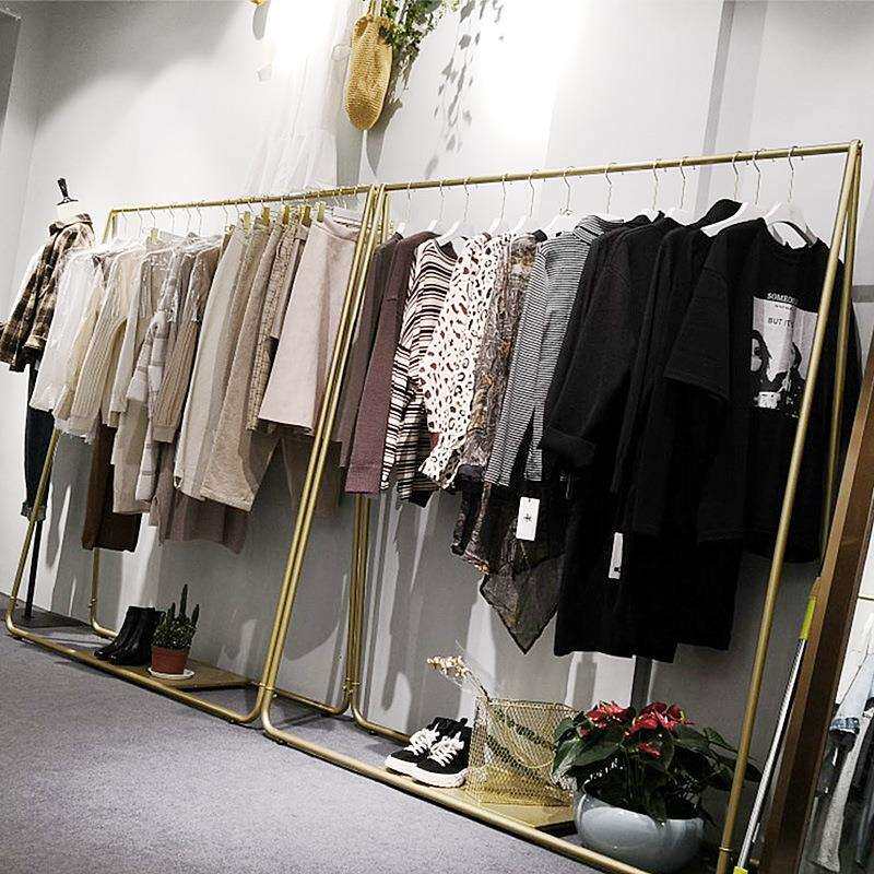 服装店展示架落地式金色组合简约服装架侧挂铁艺包包置物架鞋架子