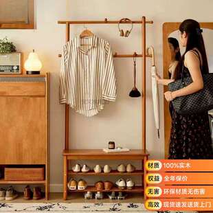 Bw1实木换鞋凳一体挂衣架入户门口玄关可坐鞋柜衣帽架家用多层穿