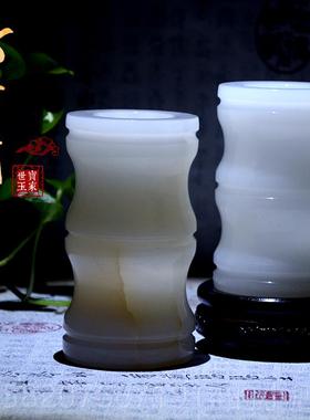 正品天然玉笔筒竹节筒件 办公室居客厅书石房小花瓶家装饰送礼佳