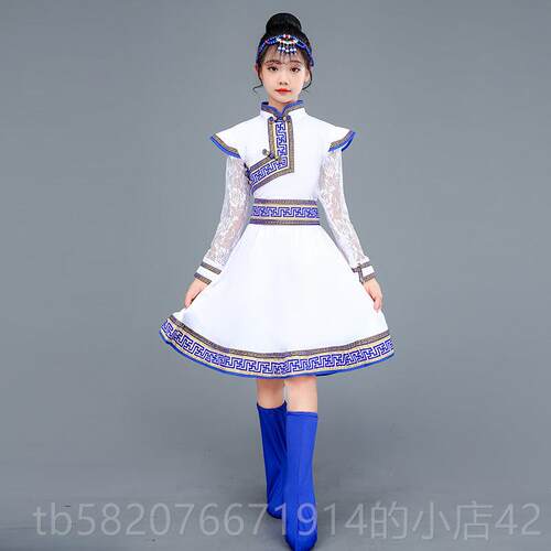 高档儿蒙童蒙族草原小骏马舞蹈服女童白色吉装祥古筷子舞演出服白