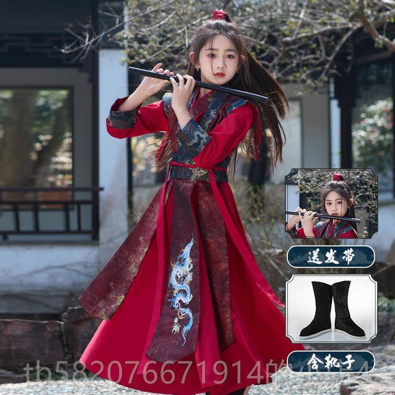 高档女童红色汉出服仙花木兰服装儿童女侠中国风cos侠客古装演剑图片