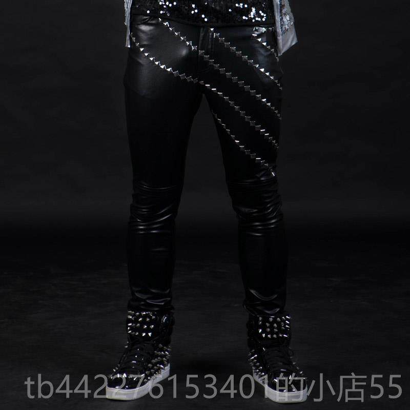 高档紧身夜店酒吧男歌修手演服铆钉身皮皮裤出男士古着皮裤哈雷机