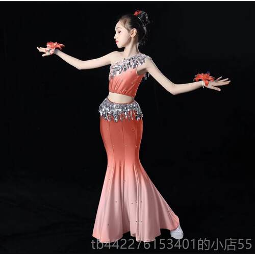 正品傣族舞蹈童演出服女童孔雀舞包臀修身艺考民尾表儿演服鱼裙服
