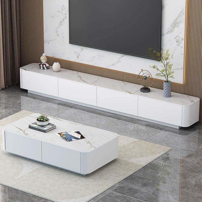 岩板电视柜落地家用客厅小户型实木地台白色圆角电视机柜茶几组合