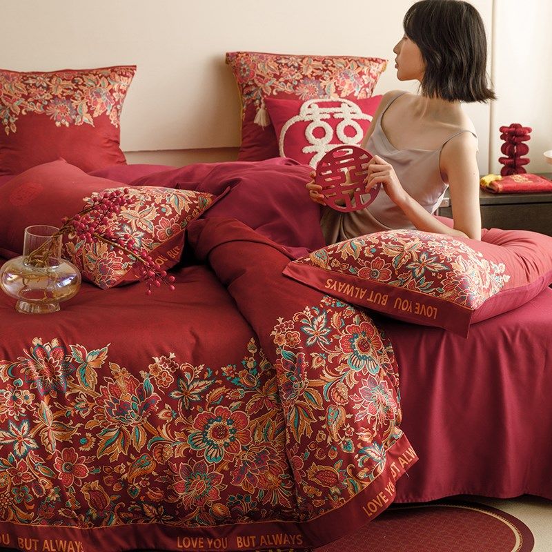 轻奢高级感印花婚庆四件套红色床单被套婚床喜被陪嫁结婚床上用品