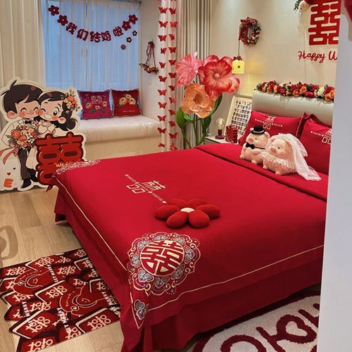 140支公主风长绒棉结婚四件套红色高档纯棉床单婚庆陪嫁床上用品4