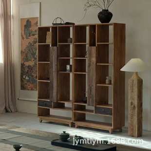 侘寂风老榆木博古架现代简约收纳展示柜中式民宿茶室茶叶置物架