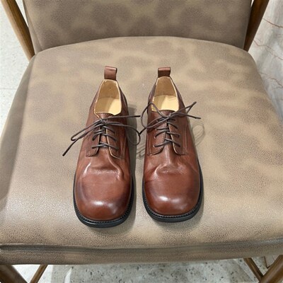 方头小皮鞋系带黑色牛津鞋马皮水洗复古单鞋女22970