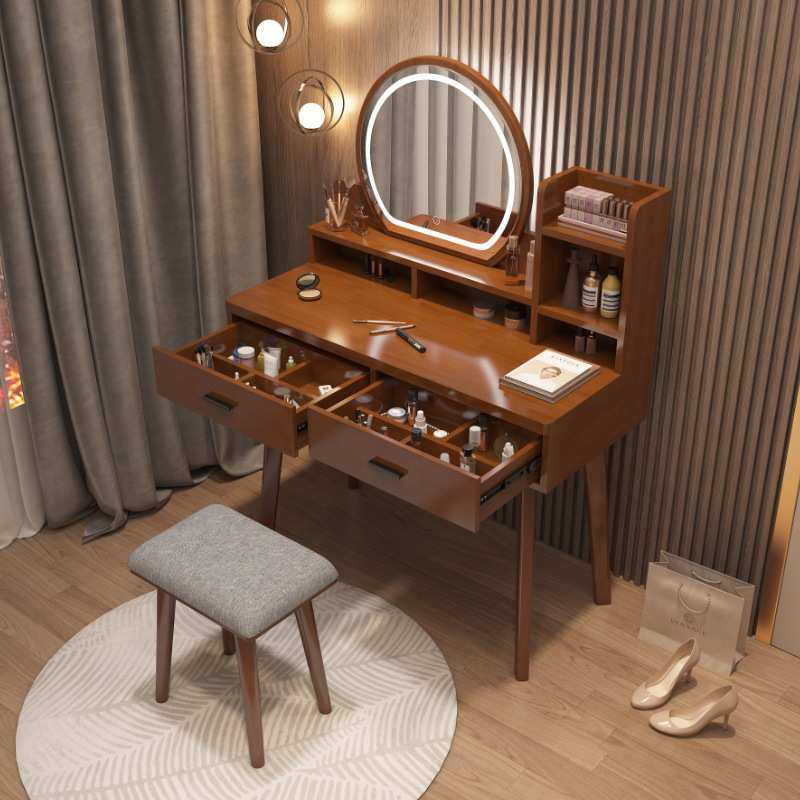 实木梳妆台卧室北欧小型化妆台收纳柜一体简约化妆桌带灯化妆镜