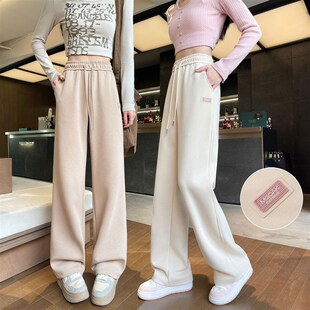 青少年高中初中学生少女加长版裤子高个子春秋宽松直筒运动阔腿裤