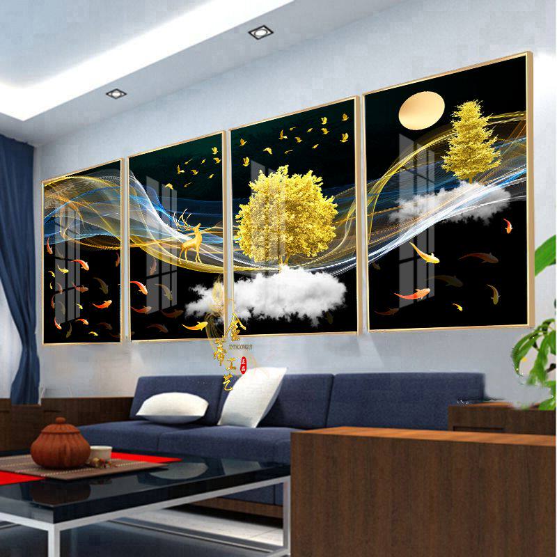 客厅装饰画四联挂画冰晶玻璃有框画晶瓷画沙发背景墙卧室走廊壁画