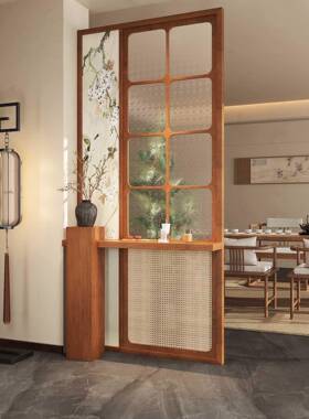 藤2025新中式实木屏正风隔断客厅户JRB遮挡玻璃编镂空玄关装入饰