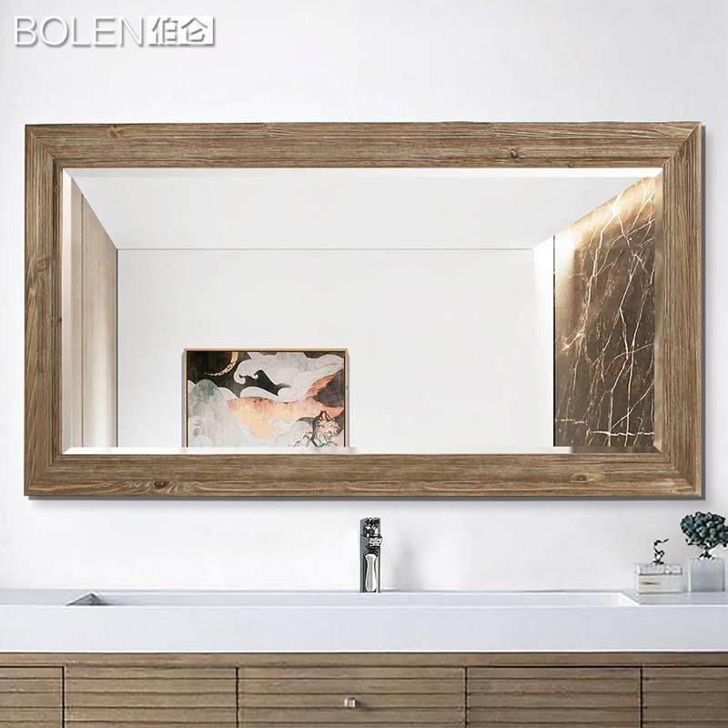 7W复古室实木装饰镜风格化妆镜浴斗柜镜40壁挂墙镜卫生间大镜