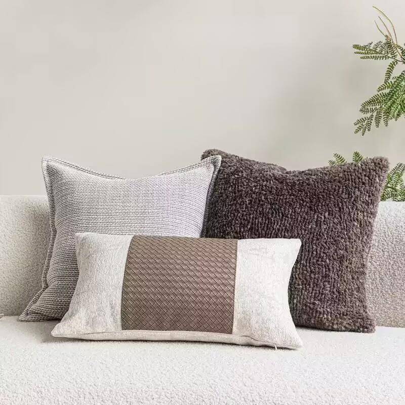皮革编织纹接布艺拼居枕轻奢中式酒店IPX样板间抱枕家软装靠腰垫