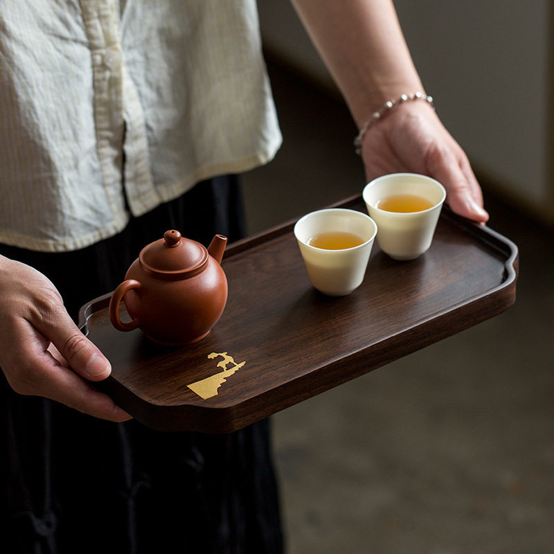 中式黑檀木镶铜干泡茶盘