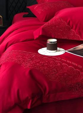 奢轻1RHO00支结婚纯棉四件全棉大红色喜庆套婚婚床嫁婚房被套床上