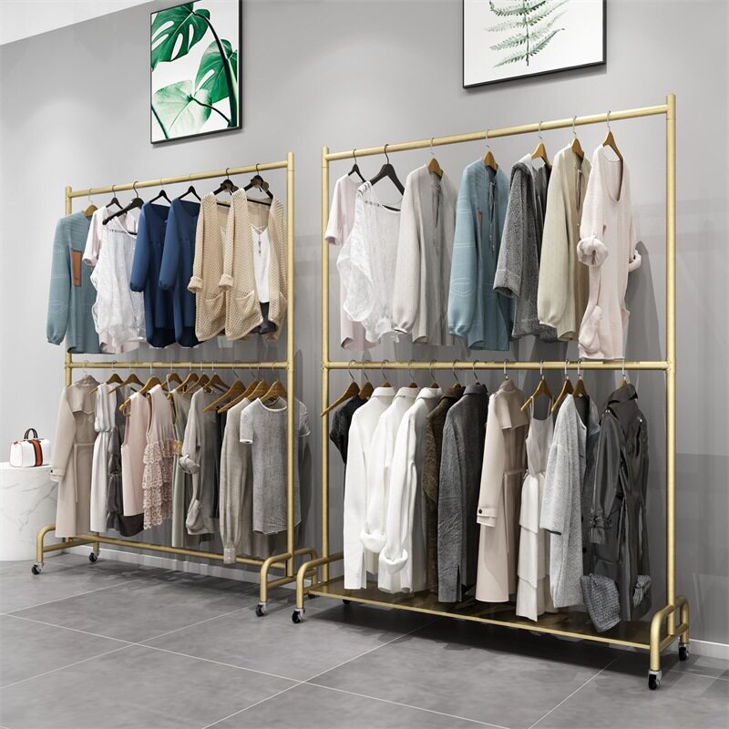 服装店双层升降移动带轮展示架