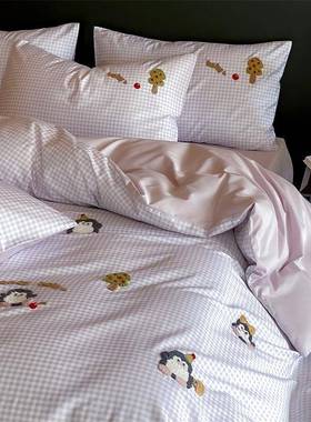 舒尊客LMLM||被A类可爱风贡缎长绒棉水四件纯棉套刺绣床上套洗棉