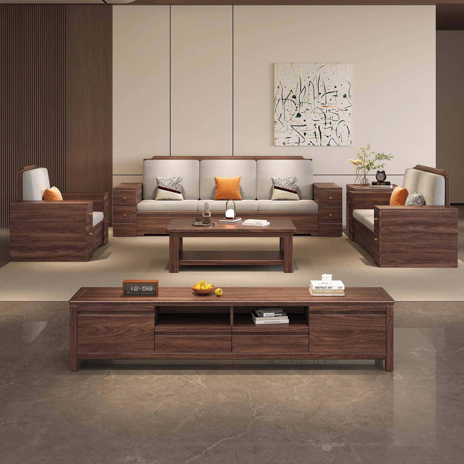 新中式黑胡冬木实沙发UWB组合现代简约夏两用小户型布桃艺木储物