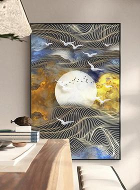 新中式抽间象酒店大厅装饰画鸟SOW廊宾馆走过道挂画竖飞版样板挂