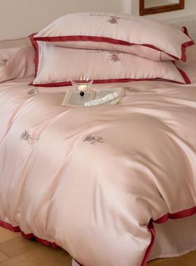 60支双面天丝贡缎夏刺000034绣四件套通拼接撞色凉感冰丝季上用床