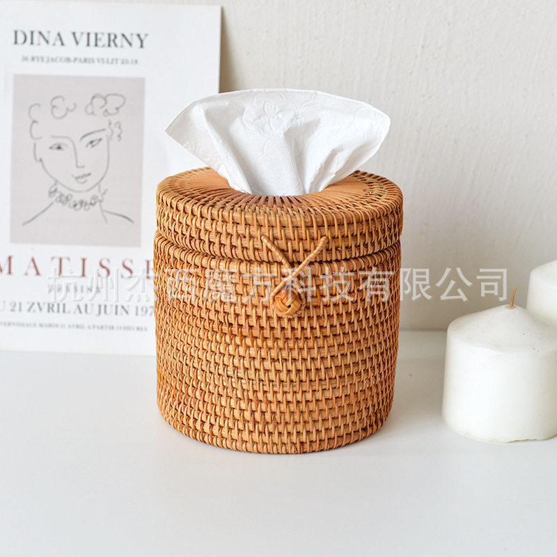 越南手工藤编圆筒纸巾盒卷纸收纳盒家用纸巾筒收纳花艺道具