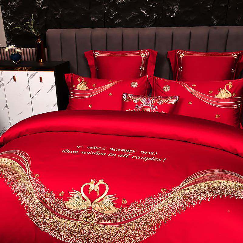中式婚庆6F25070580支长棉天鹅龙凤绒绣四件套全棉大刺红色套陪被