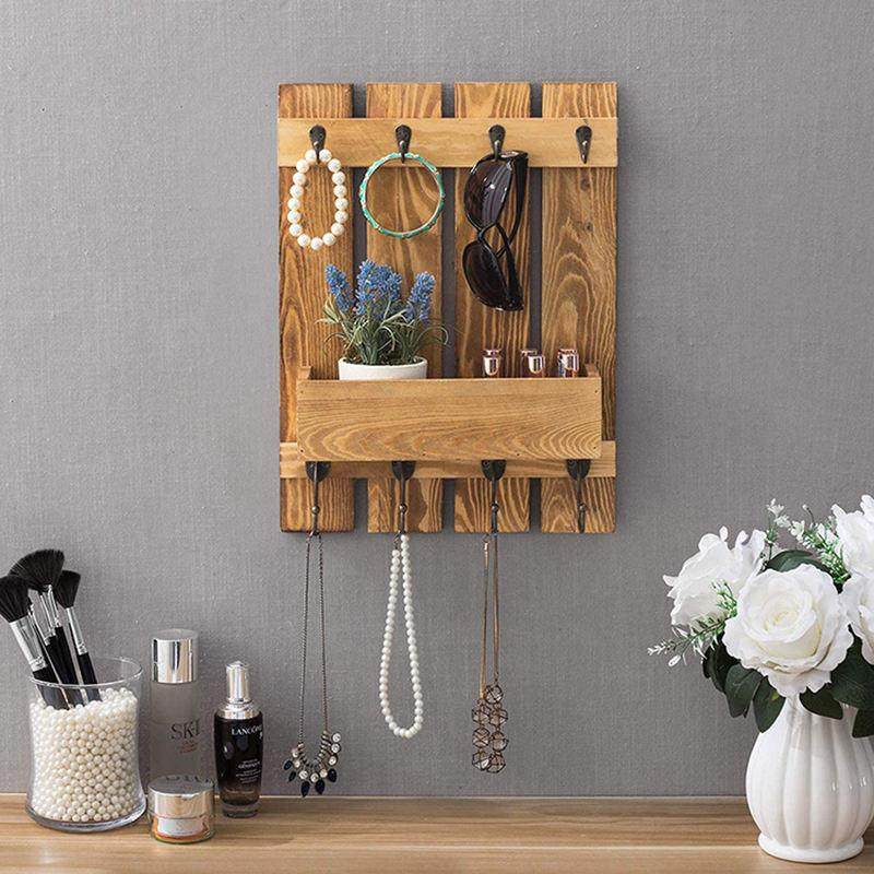 复古烧木墙托盘风格咖啡杯架带厨房配件储物架8钩壁挂式咖啡杯架