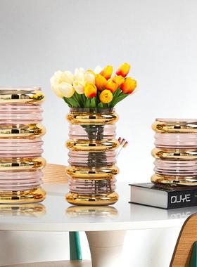 简约现代磨砂玻璃圆筒镀金花瓶家居样板间客厅餐厅桌面装饰花器