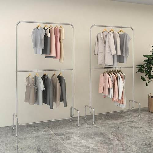 服装店展示架不锈钢拉丝银落地式双层可调节挂衣杆女装店带轮货架